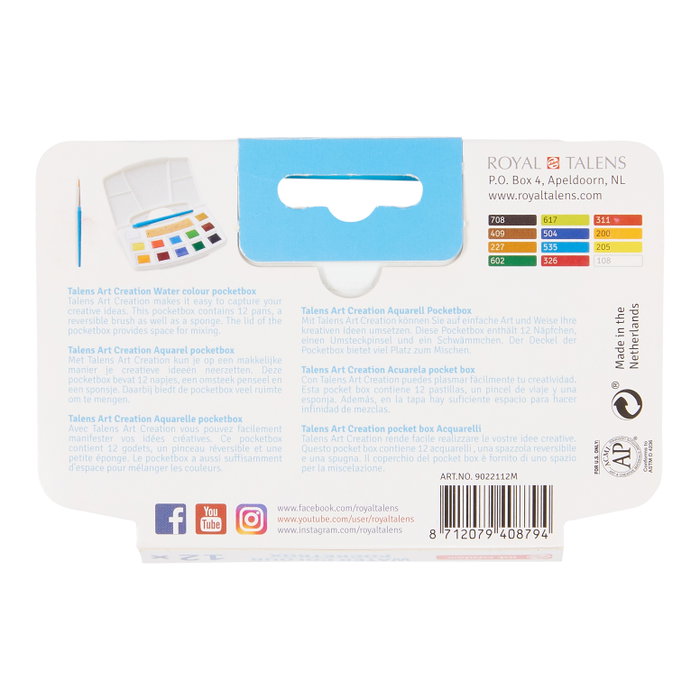Talens Art Creation Acuarelas Pocket Box con 12 Pastillas y Accesorios